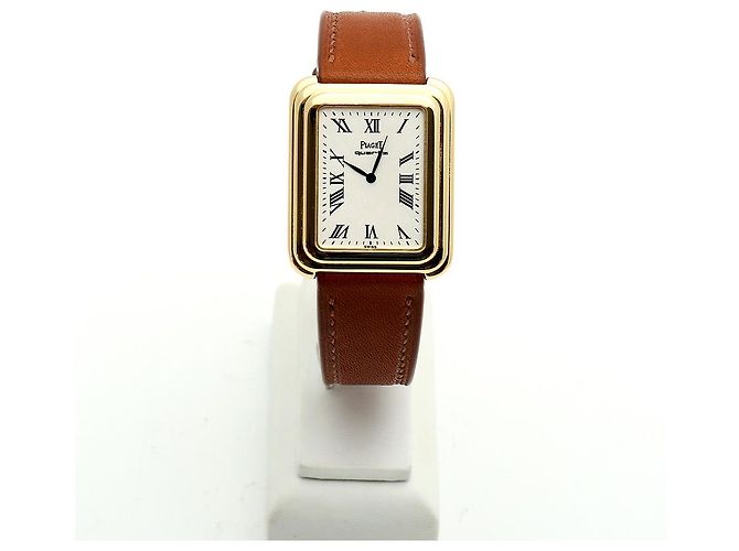 Piaget Vintage Unisex Lederuhr Gold Rechteckig Groß Alt Golden - Ansicht 3