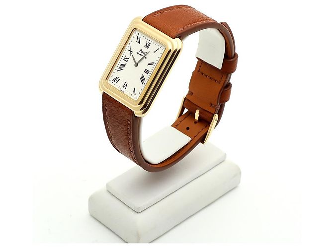 Piaget Vintage Unisex Lederuhr Gold Rechteckig Groß Alt Golden - Ansicht 4