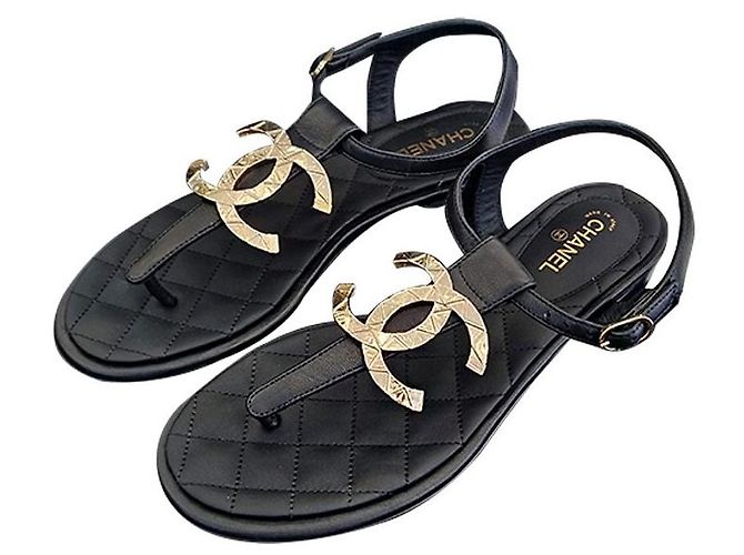 Chanel Damen Goldene Flip-Flops mit großem Logo Schwarz - Ansicht 3