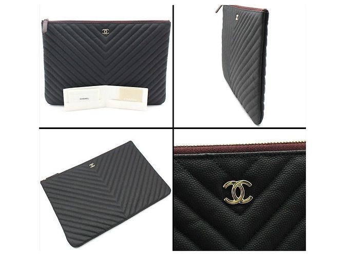 Chanel Clutch Large Chevron Caviar Nero Opaco Rosso - vista 7