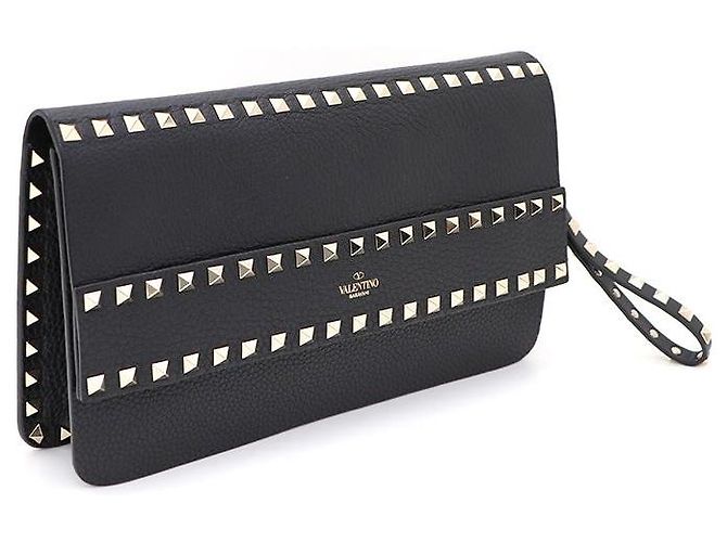 Valentino Clutch Rockstud in pelle nera e metallo dorato Nero - vista 2