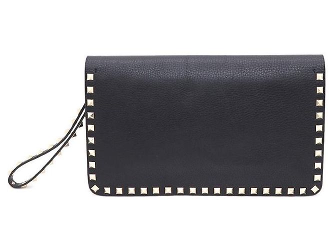 Valentino Clutch Rockstud in pelle nera e metallo dorato Nero - vista 3