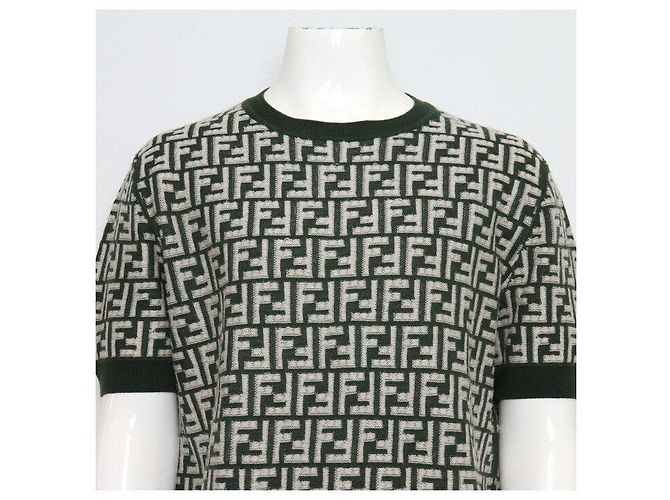 Fendi Kurzärmeliges Strick-T-Shirt für Herren mit grünem FF-Muster - Ansicht 2