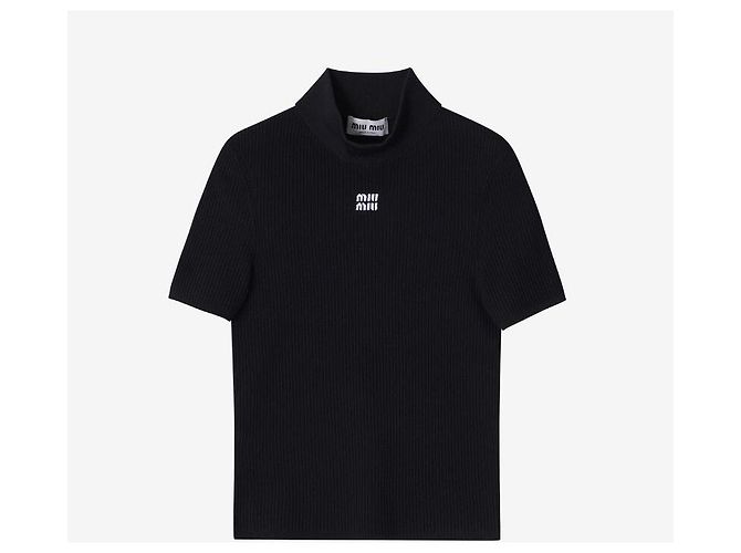 Miu Miu Kurzärmeliger Rollkragenstrickpullover mit Intarsia-Logo für Damen Schwarz - Ansicht 2