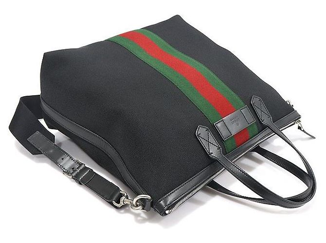 Gucci Tote in tela techno nera con striscia WEB Nero - vista 4