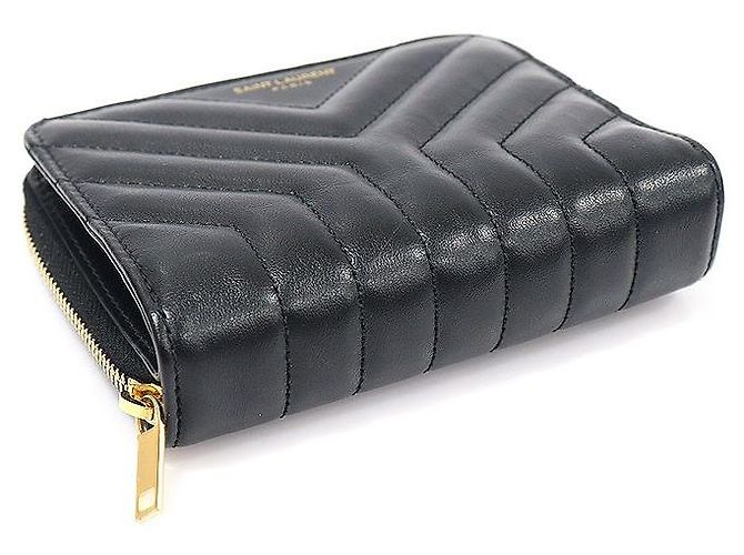 Saint Laurent Gestepptes Joan Compact Wallet aus glattem schwarzem Kalbsleder - Ansicht 3