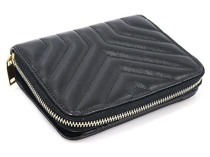 Saint Laurent Gestepptes Joan Compact Wallet aus glattem schwarzem Kalbsleder - Ansicht 4
