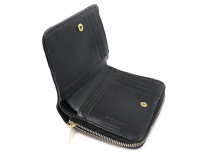 Saint Laurent Gestepptes Joan Compact Wallet aus glattem schwarzem Kalbsleder - Ansicht 5