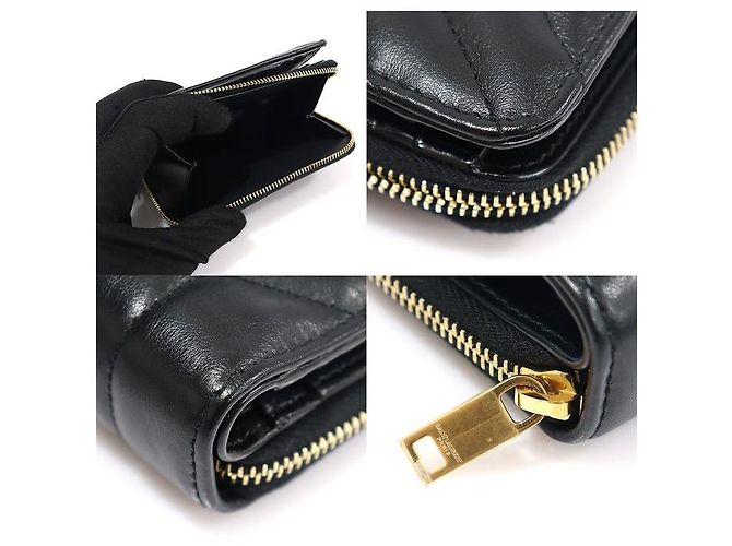 Saint Laurent Gestepptes Joan Compact Wallet aus glattem schwarzem Kalbsleder - Ansicht 6