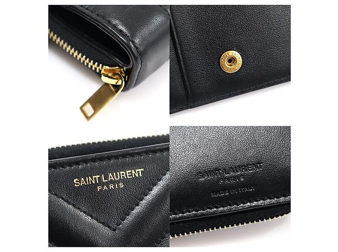 Saint Laurent Gestepptes Joan Compact Wallet aus glattem schwarzem Kalbsleder - Ansicht 7