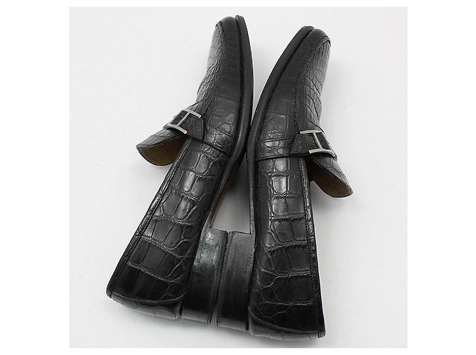 Hermès Mocassino in alligatore e coccodrillo nero con logo argento - vista 10