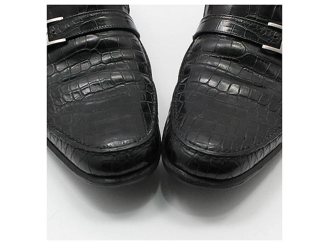 Hermès Mocassino in alligatore e coccodrillo nero con logo argento - vista 11