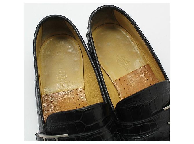 Hermès Mocassino in alligatore e coccodrillo nero con logo argento - vista 13