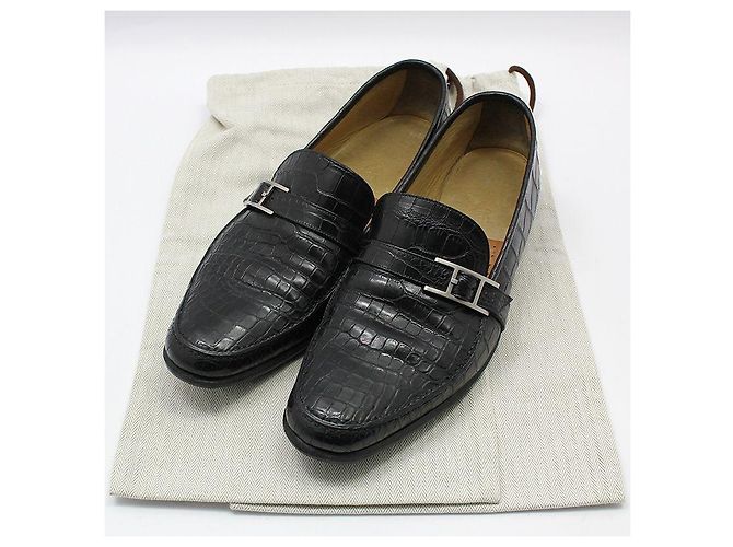 Hermès Mocassino in alligatore e coccodrillo nero con logo argento - vista 2