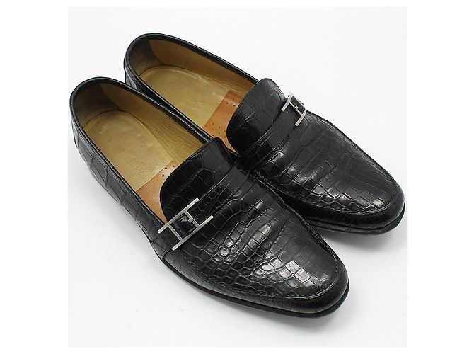 Hermès Mocassino in alligatore e coccodrillo nero con logo argento - vista 3