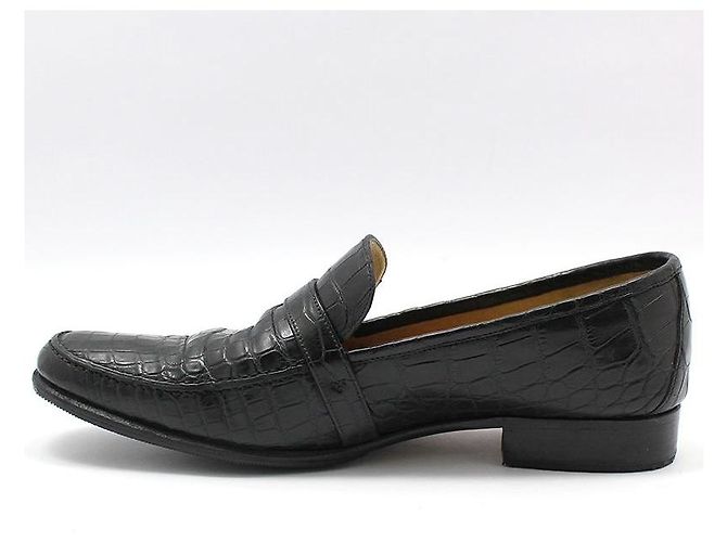 Hermès Mocassino in alligatore e coccodrillo nero con logo argento - vista 4