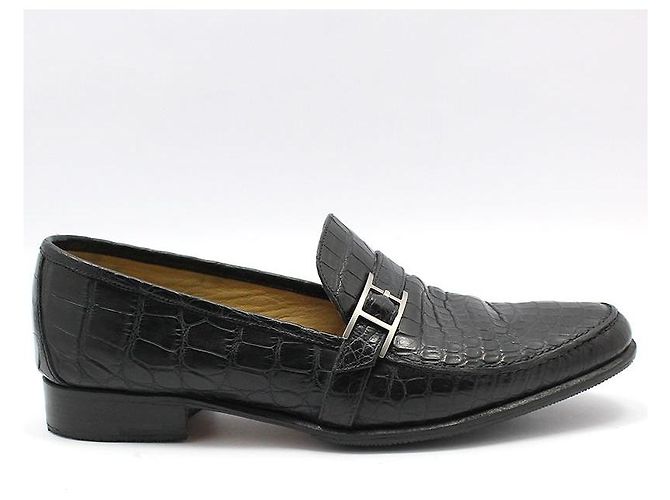 Hermès Mocassino in alligatore e coccodrillo nero con logo argento - vista 5