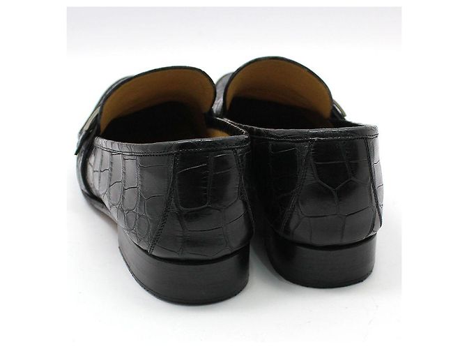 Hermès Mocassino in alligatore e coccodrillo nero con logo argento - vista 7
