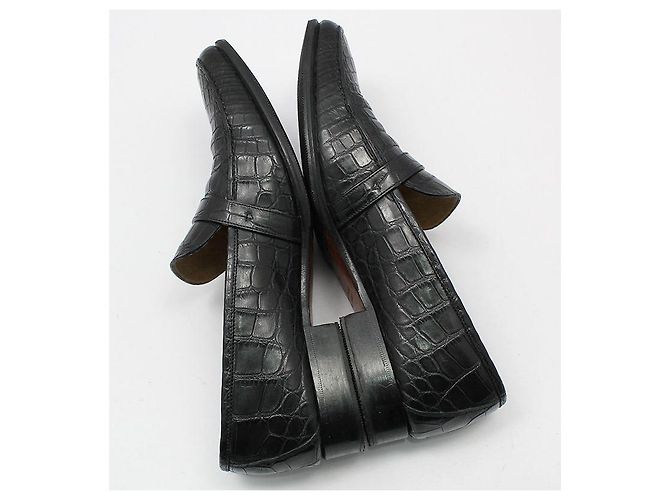 Hermès Mocassino in alligatore e coccodrillo nero con logo argento - vista 9