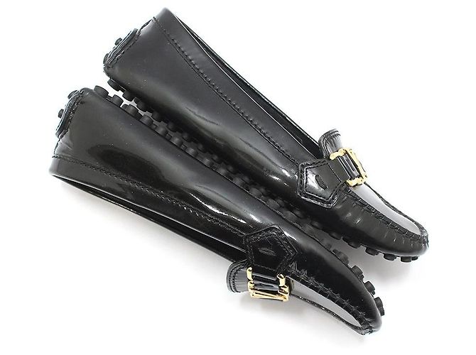 Louis Vuitton Mocassini da guida in vernice nera con logo LV dorato Nero - vista 7