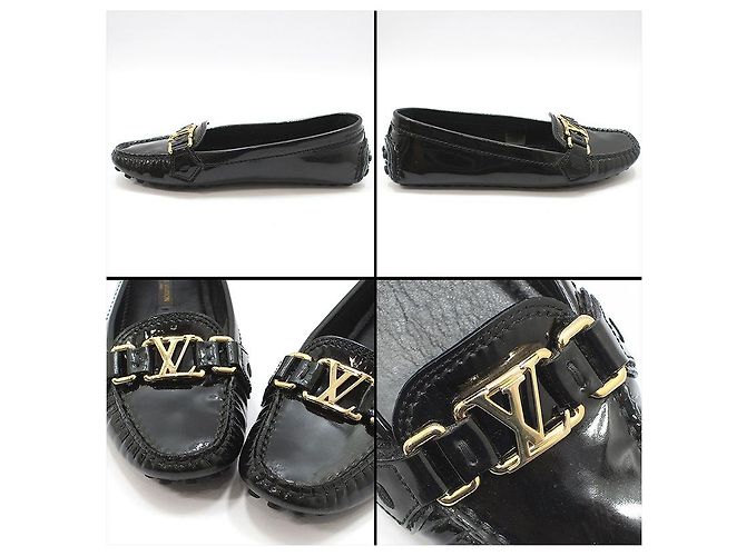 Louis Vuitton Mocassini da guida in vernice nera con logo LV dorato Nero - vista 8
