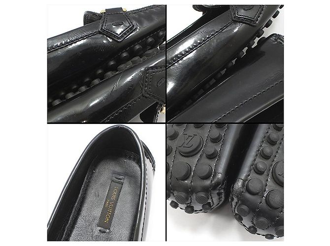 Louis Vuitton Mocassini da guida in vernice nera con logo LV dorato Nero - vista 9