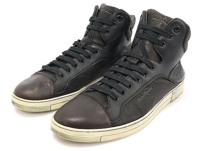 Salvatore Ferragamo Sneakers alte da uomo in pelle nera con punta marrone Nero - vista 2