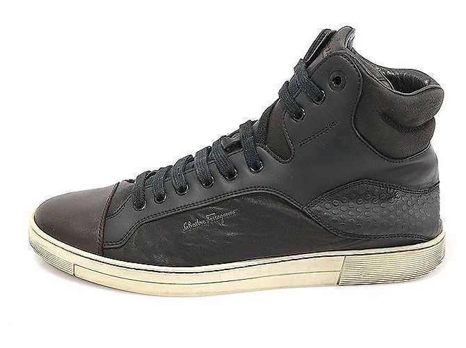 Salvatore Ferragamo Sneakers alte da uomo in pelle nera con punta marrone Nero - vista 3