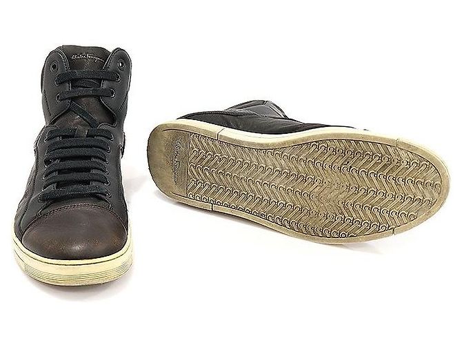 Salvatore Ferragamo Sneakers alte da uomo in pelle nera con punta marrone Nero - vista 5