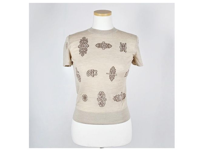 Hermès Suéter de manga corta para mujer de punto beige Natturel Castaño - vista 6