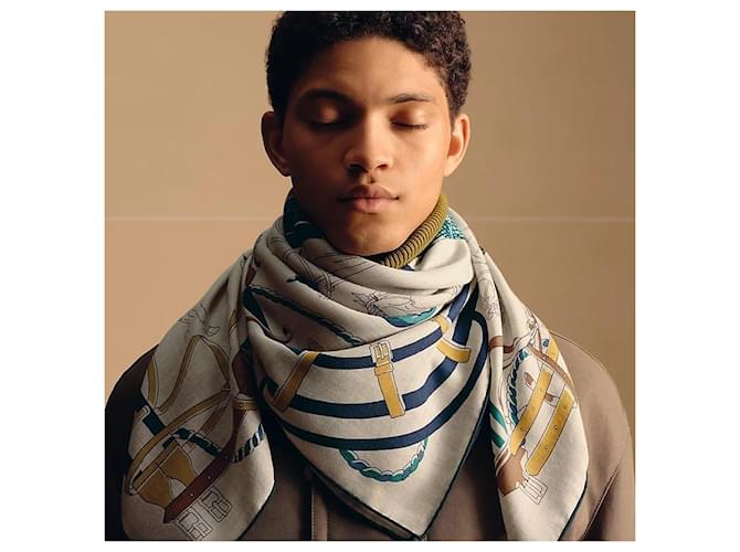 Hermès Sciarpa in cashmere e seta da uomo Ronds de Marche Bianco - vista 3