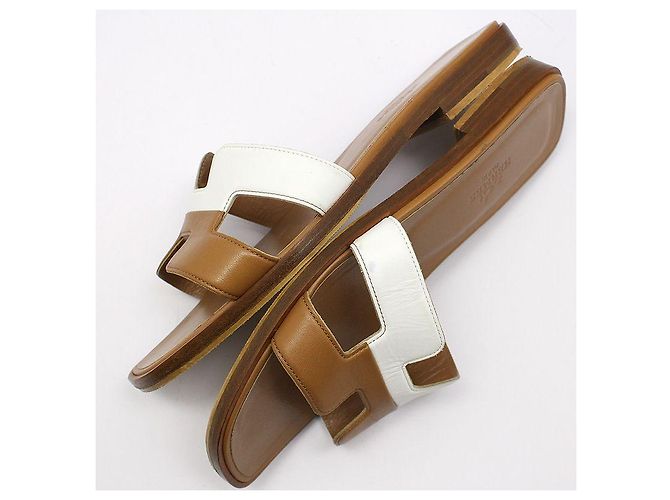 Sandali Oran Hermès in pelle marrone e bianca - vista 8