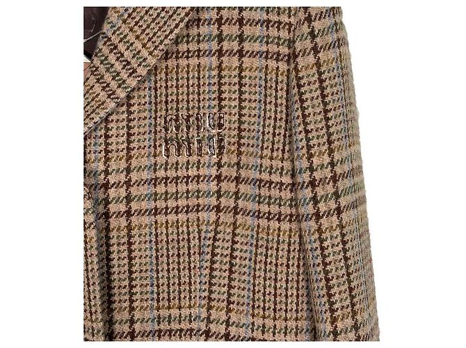 Miu Miu Luxury Biarr Damen Wollmantel mit Karomuster, einreihig und Brustlogo - Ansicht 6