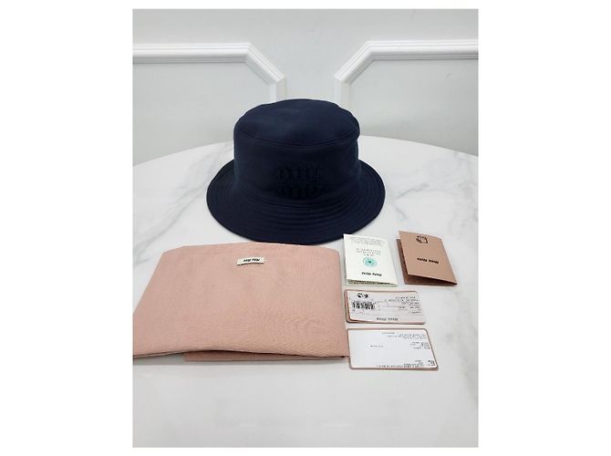 Miu Miu Logo Cotton Bucket Hat Navy Blue - view 5