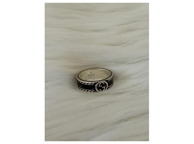 Gucci Anello largo intrecciato nero argento - vista 7