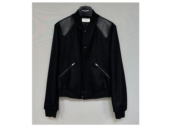 Saint Laurent Leather Panel Pineapple Embroidery Wool Bomber Jacket Silvery - view 2