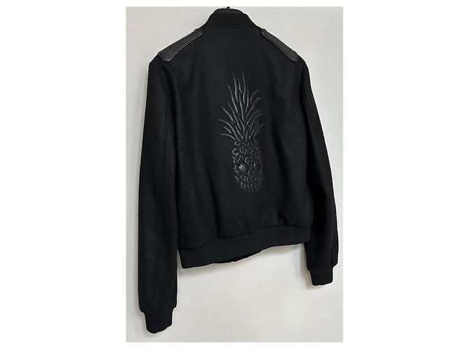Saint Laurent Leather Panel Pineapple Embroidery Wool Bomber Jacket Silvery - view 3