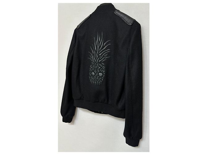 Saint Laurent Leather Panel Pineapple Embroidery Wool Bomber Jacket Silvery - view 4