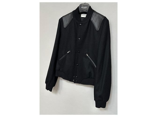 Saint Laurent Leather Panel Pineapple Embroidery Wool Bomber Jacket Silvery - view 5