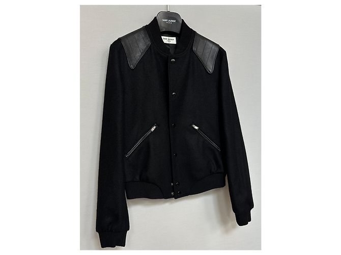 Saint Laurent Leather Panel Pineapple Embroidery Wool Bomber Jacket Silvery - view 6