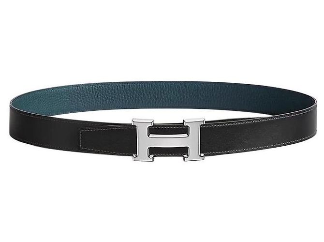 Hermès Reversible Men's Leather Belt with Buckle Silver Noir Bleu Silvery - view 2