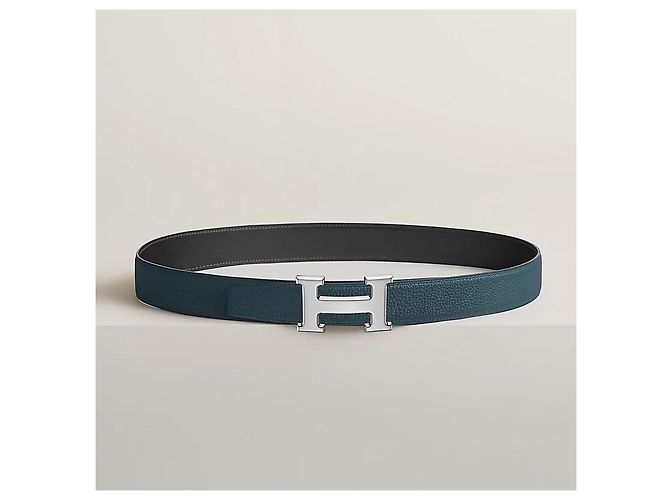 Hermès Reversible Men's Leather Belt with Buckle Silver Noir Bleu Silvery - view 3