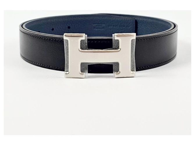 Hermès Reversible Men's Leather Belt with Buckle Silver Noir Bleu Silvery - view 6