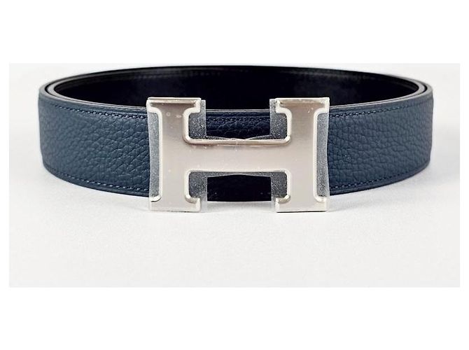 Hermès Reversible Men's Leather Belt with Buckle Silver Noir Bleu Silvery - view 7