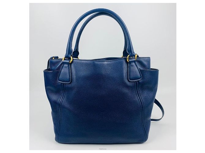 Prada Vitello Daino Leder Golden Pocket Tote Schultertasche Blau - Ansicht 2