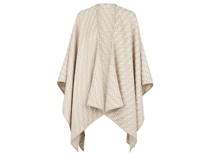 Fendi Poncho in lana e seta da donna con logo FF Beige Marrone - vista 5