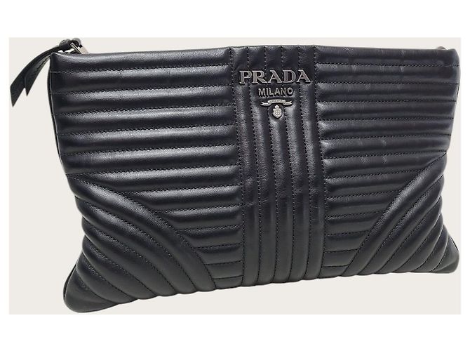 Prada Clutch Diagram in morbida pelle di vitello nera Nero - vista 3