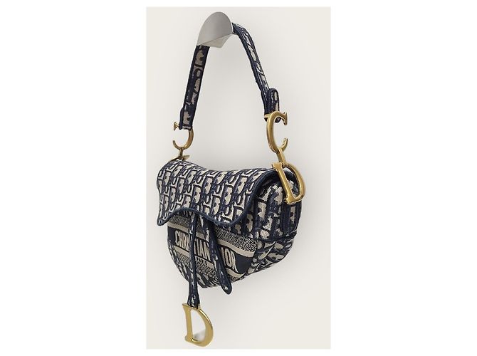 Dior Tracolla per borsa saddle in jacquard blu con ricami obliqui - vista 2