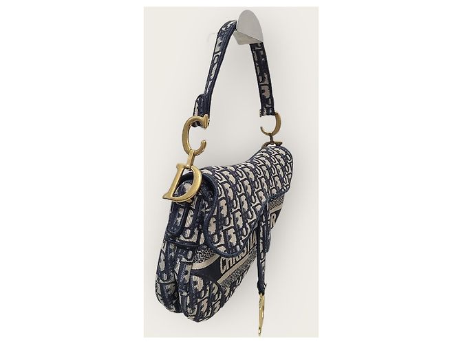 Dior Tracolla per borsa saddle in jacquard blu con ricami obliqui - vista 3