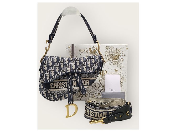 Dior Tracolla per borsa saddle in jacquard blu con ricami obliqui - vista 7